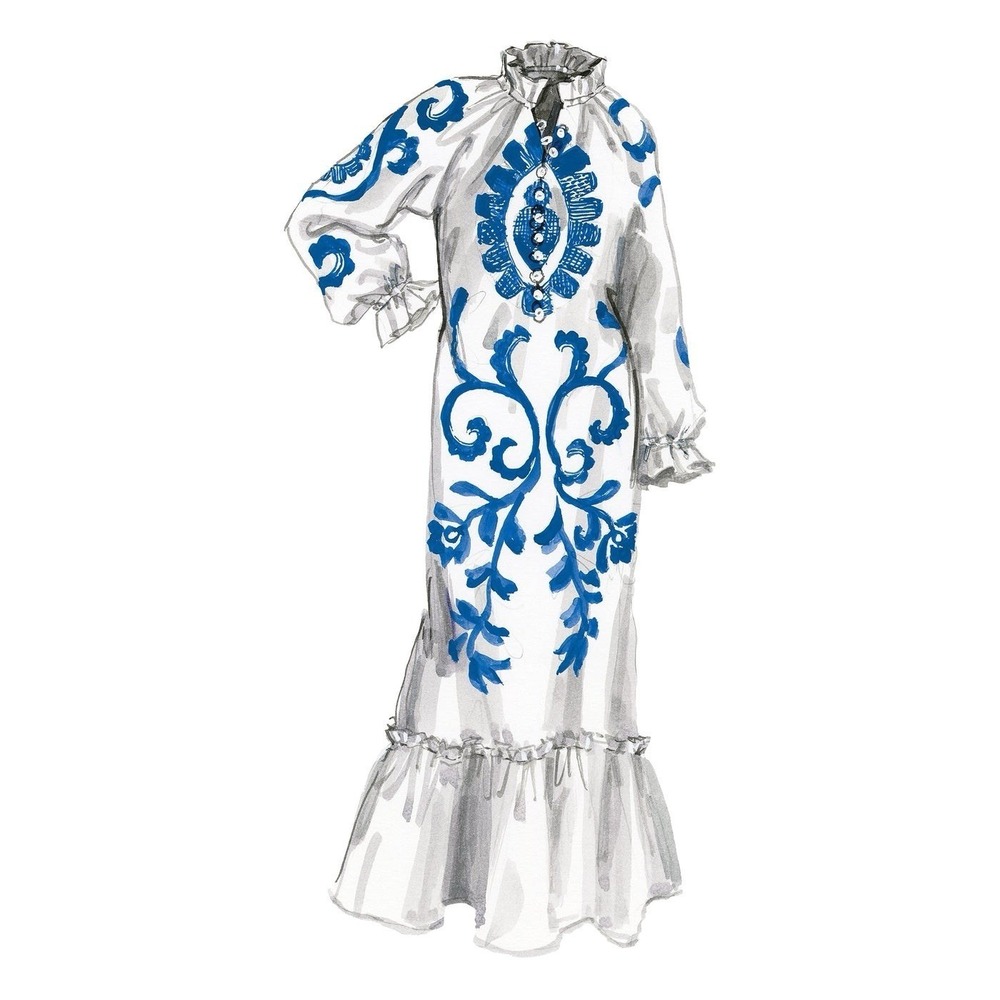 J. Peterman Company Blue White Embroidered Ruffle‎ Maxi Dress Womens Large